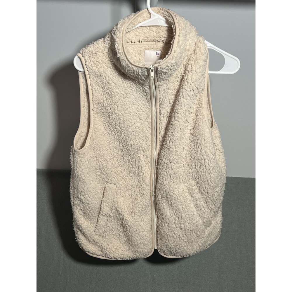 So_ Women's Size L Cream Sherpa Fleece Full Zip Vest Stand Collar Pockets